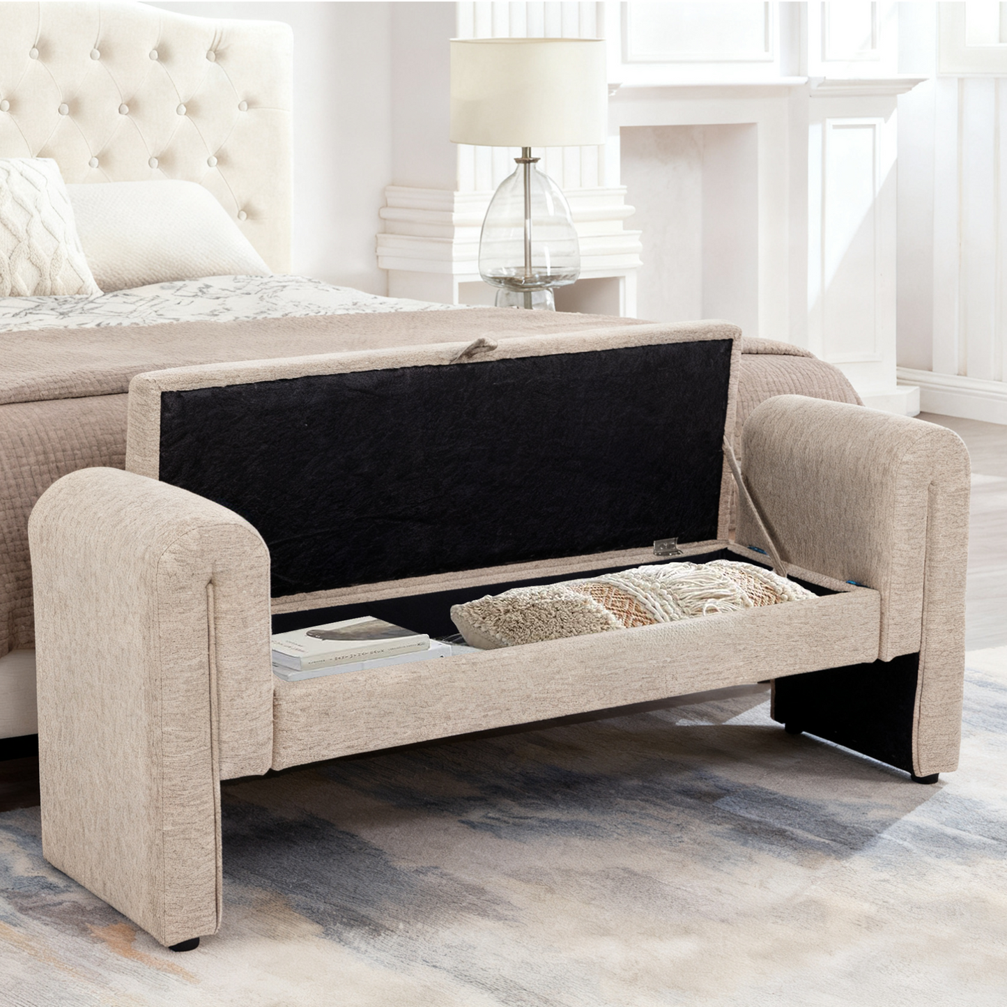 Storage Bench Oversized Velvet Oatmeal 60 In Extra-Long Entryway Mudroom