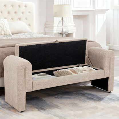 Storage Bench Oversized Velvet Oatmeal 60 In Extra-Long Entryway Mudroom