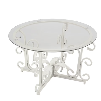 Leaf Base Metal Round Coffee Table, Tempered Glass Top Cocktail Table for Lounge, Leisure Living Room Furniture