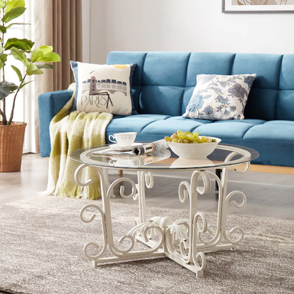 Leaf Base Metal Round Coffee Table, Tempered Glass Top Cocktail Table for Lounge, Leisure Living Room Furniture