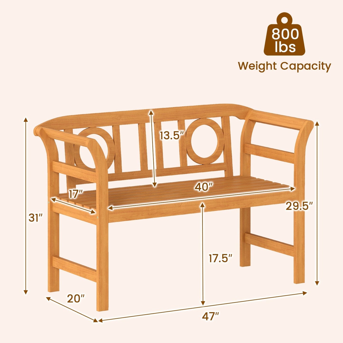 Acacia Wood 2-Person Patio Loveseat with Backrest and Armrests for Backyard