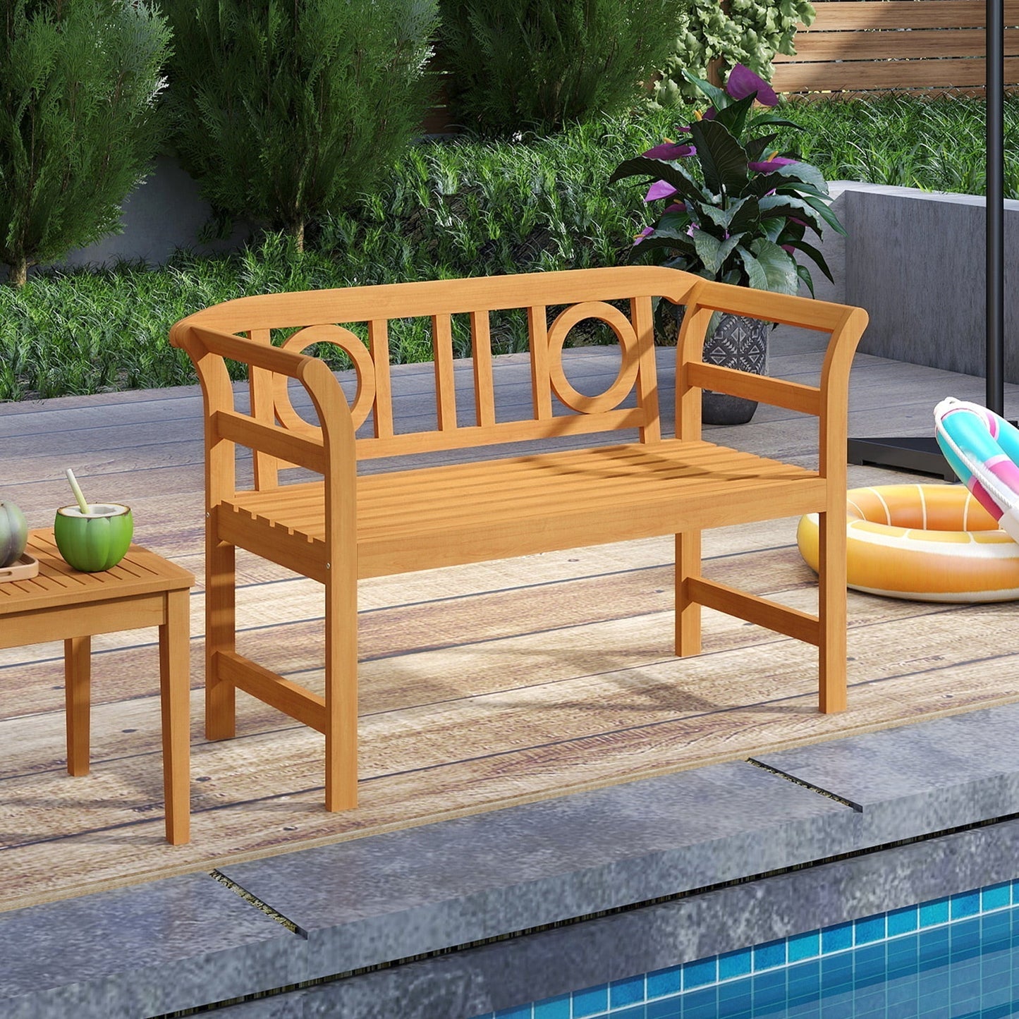 Acacia Wood 2-Person Patio Loveseat with Backrest and Armrests for Backyard