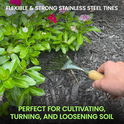 Stainless Steel Garden Hand Rake (classic wood handle)