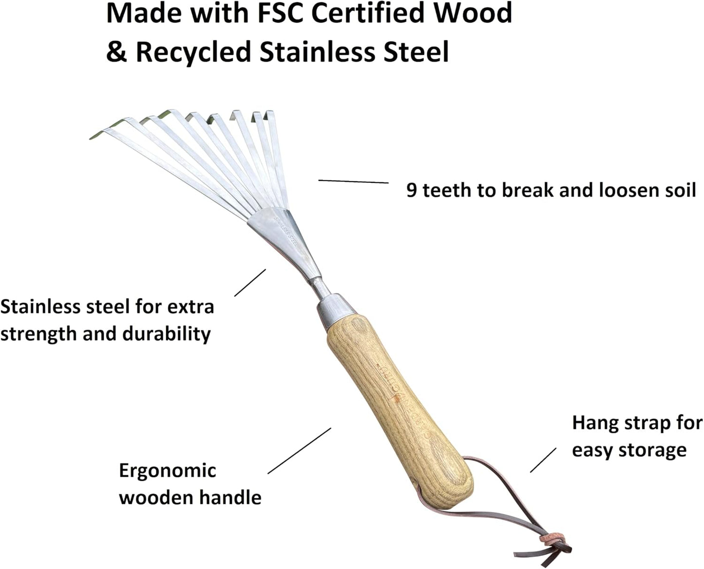Stainless Steel Garden Hand Rake (classic wood handle)