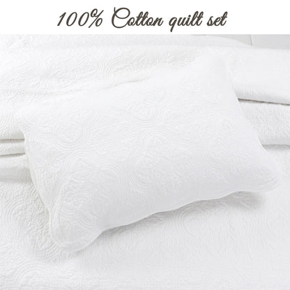 Serenity White Victorian Scalloped Medallion Floral Pure Solid Cotton Reversible Quilt Bedding Set