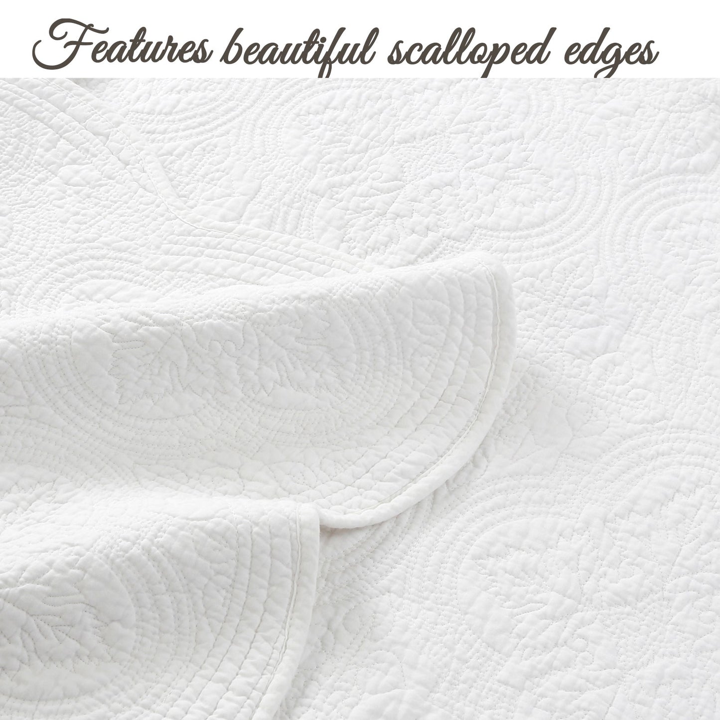 Serenity White Victorian Scalloped Medallion Floral Pure Solid Cotton Reversible Quilt Bedding Set