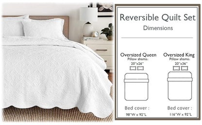Serenity White Victorian Scalloped Medallion Floral Pure Solid Cotton Reversible Quilt Bedding Set