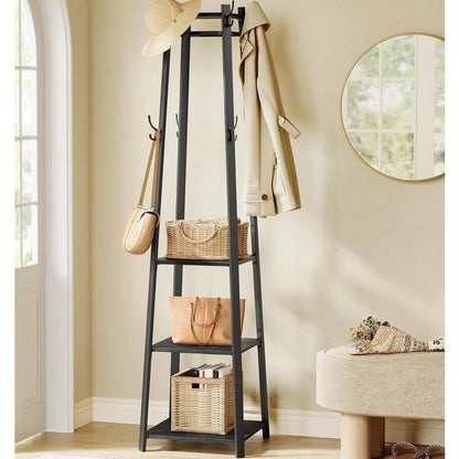 Modern Farmhouse Black Metal Coat Rack Entryway Hall Tree with Grey Wood Shelves