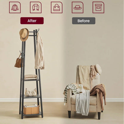 Modern Farmhouse Black Metal Coat Rack Entryway Hall Tree with Grey Wood Shelves