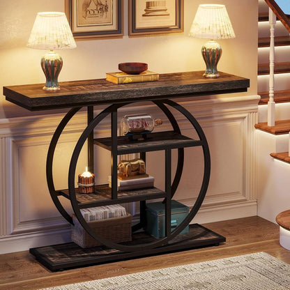 Modern 41-inch Circular Base Foyer Entryway Table with Black Wood Finish Shelves