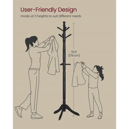 Solid Wood Coat Rack with 10 Hooks in Black Finish