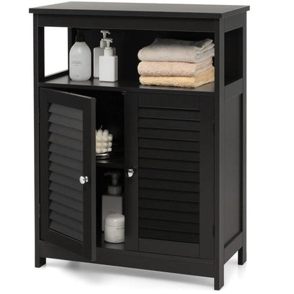 Black Farmhouse Bathroom Linen Cabinet with Louvered Doors and Open Shelf