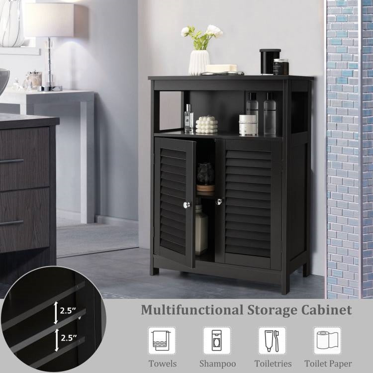 Black Farmhouse Bathroom Linen Cabinet with Louvered Doors and Open Shelf