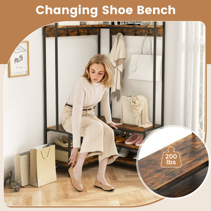 Corner Garment Rack with Open Shelves and 7 Hooks Shoe Bench