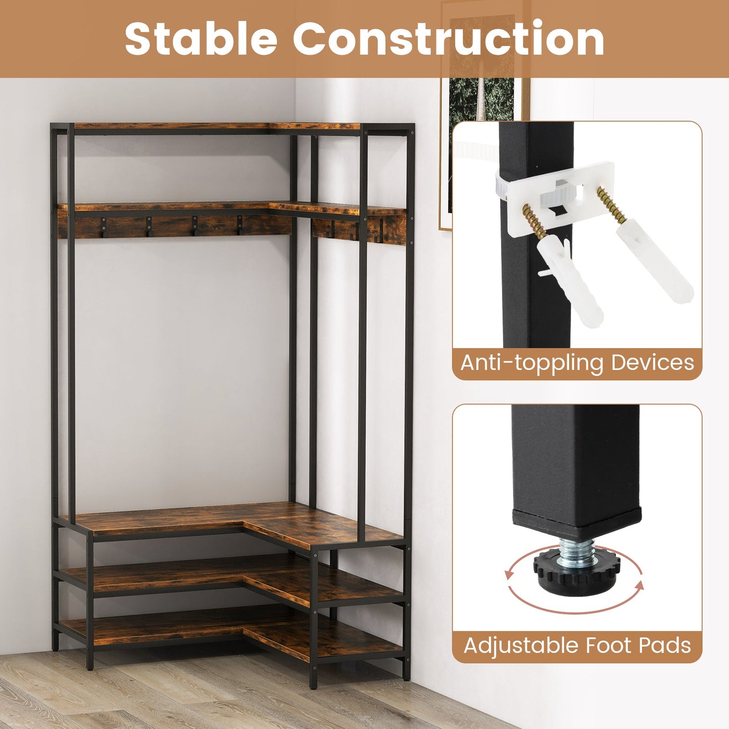Corner Garment Rack with Open Shelves and 7 Hooks Shoe Bench