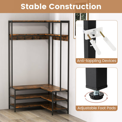 Corner Garment Rack with Open Shelves and 7 Hooks Shoe Bench