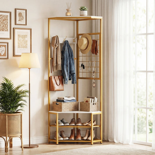 Corner Hall Tree Freestanding Coat Rack with Storage Shelves Removable Hooks