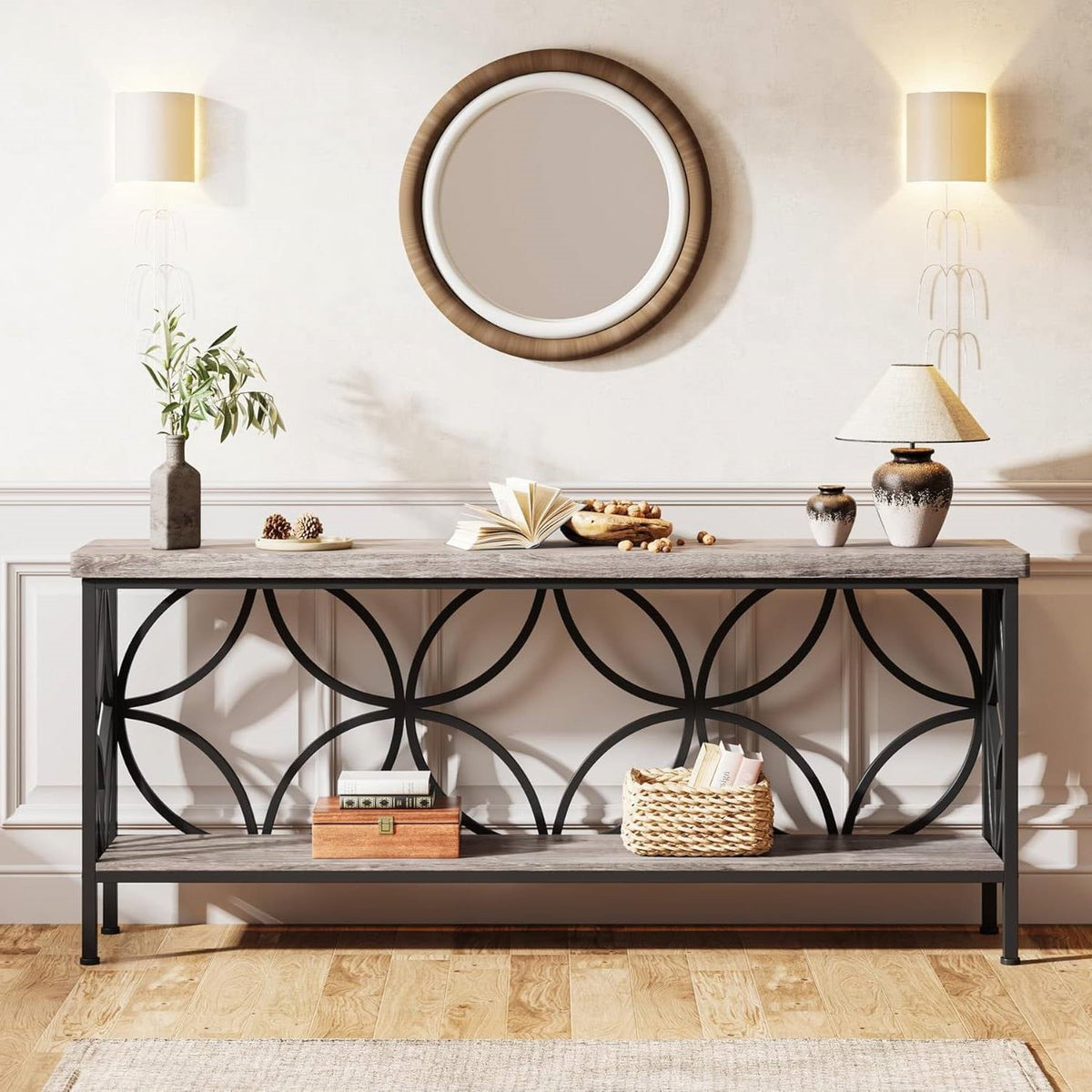Modern 70-inch Long Narrow Foyer Entryway Table with Grey Wood Top and Shelf