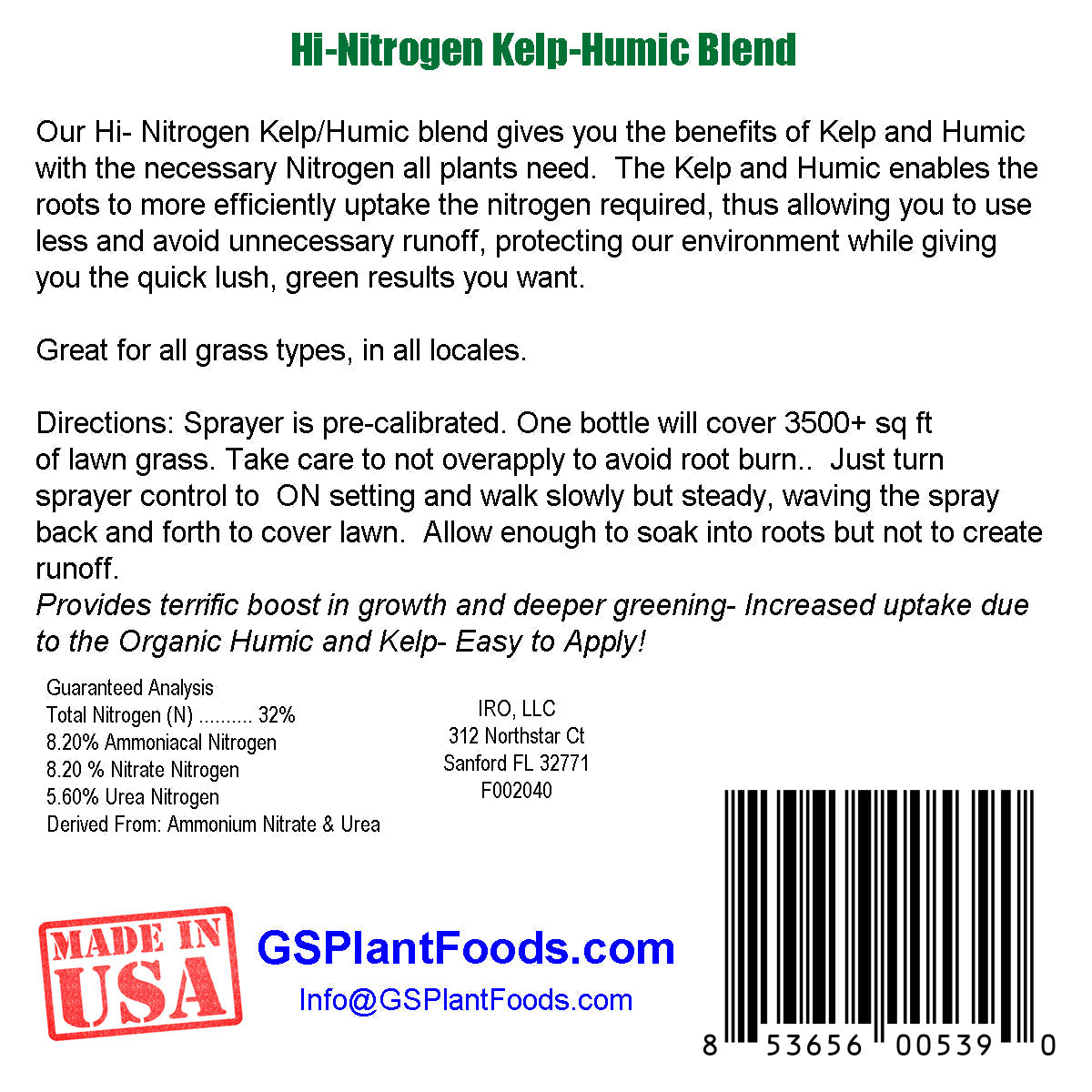 Hi-Nitrogen Kelp-Humic Blend 32-0-0 by GS Plant Foods, A Quick Greening Lawn Food
