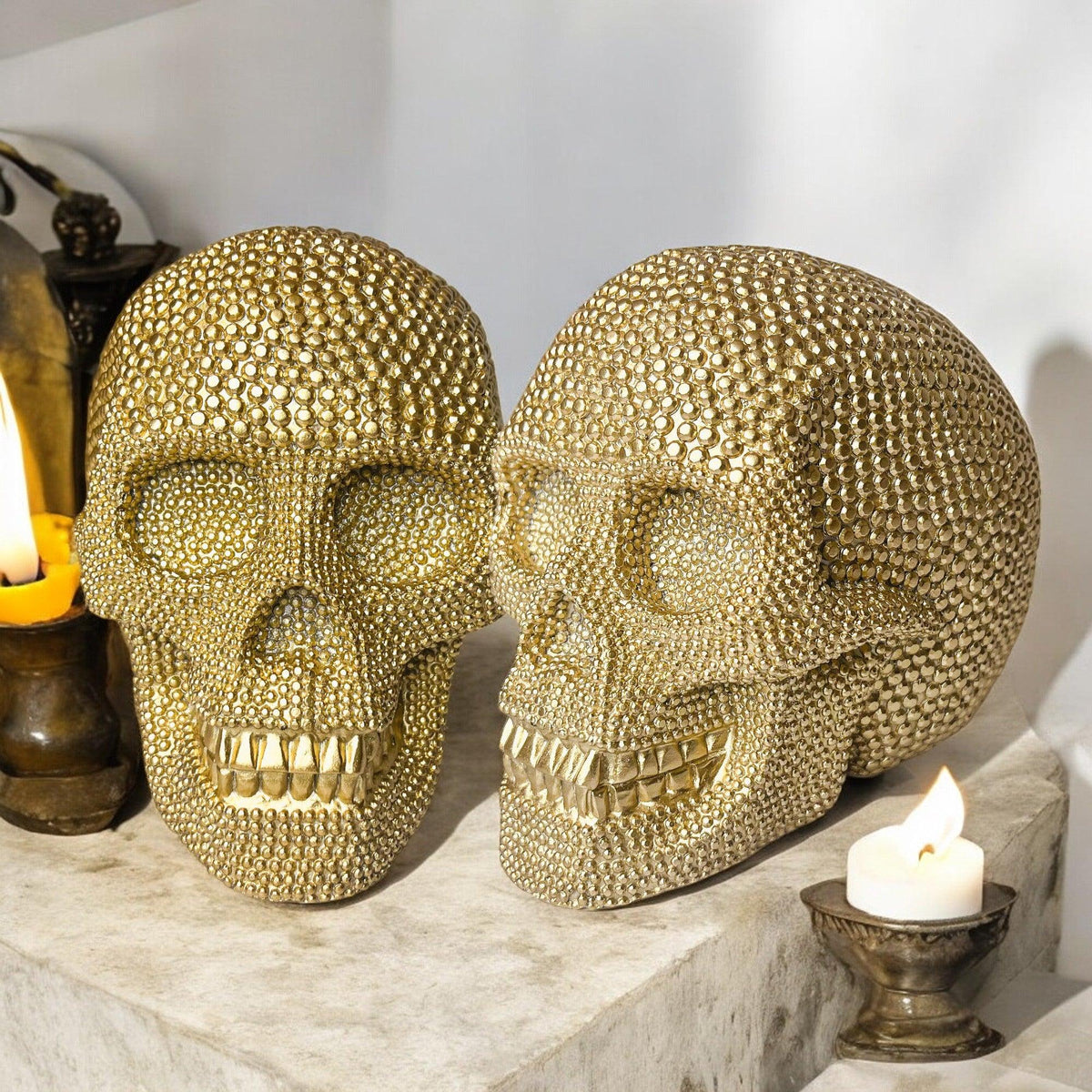 Resin Beaded Skull Decor Silver Skeleton Head Handmade Rustic Bookend Centerpiece Halloween