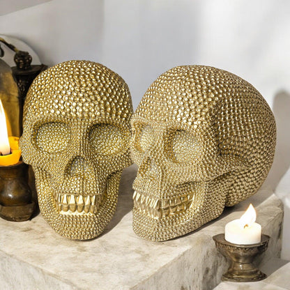 Resin Beaded Skull Decor Silver Skeleton Head Handmade Rustic Bookend Centerpiece Halloween