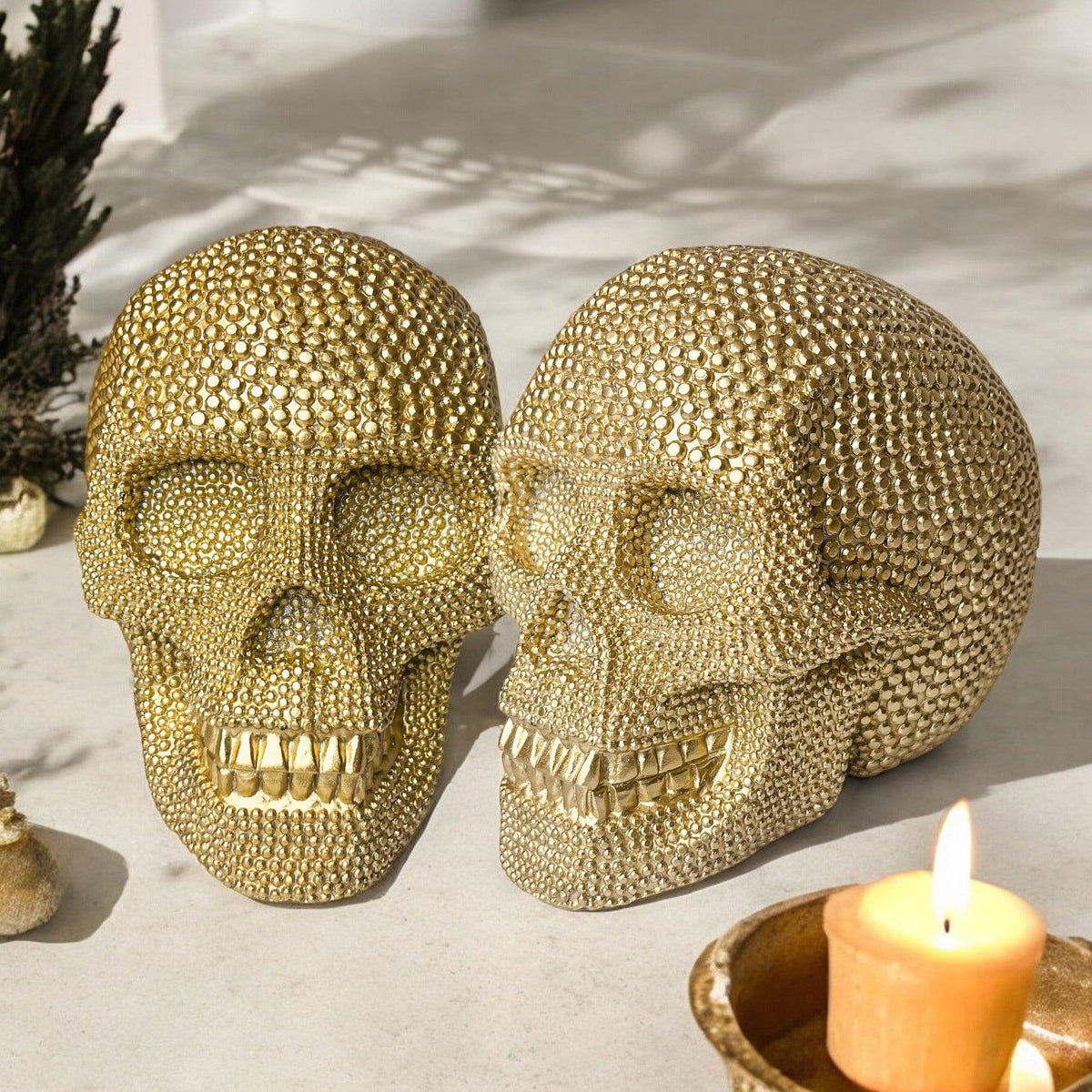 Resin Beaded Skull Decor Silver Skeleton Head Handmade Rustic Bookend Centerpiece Halloween