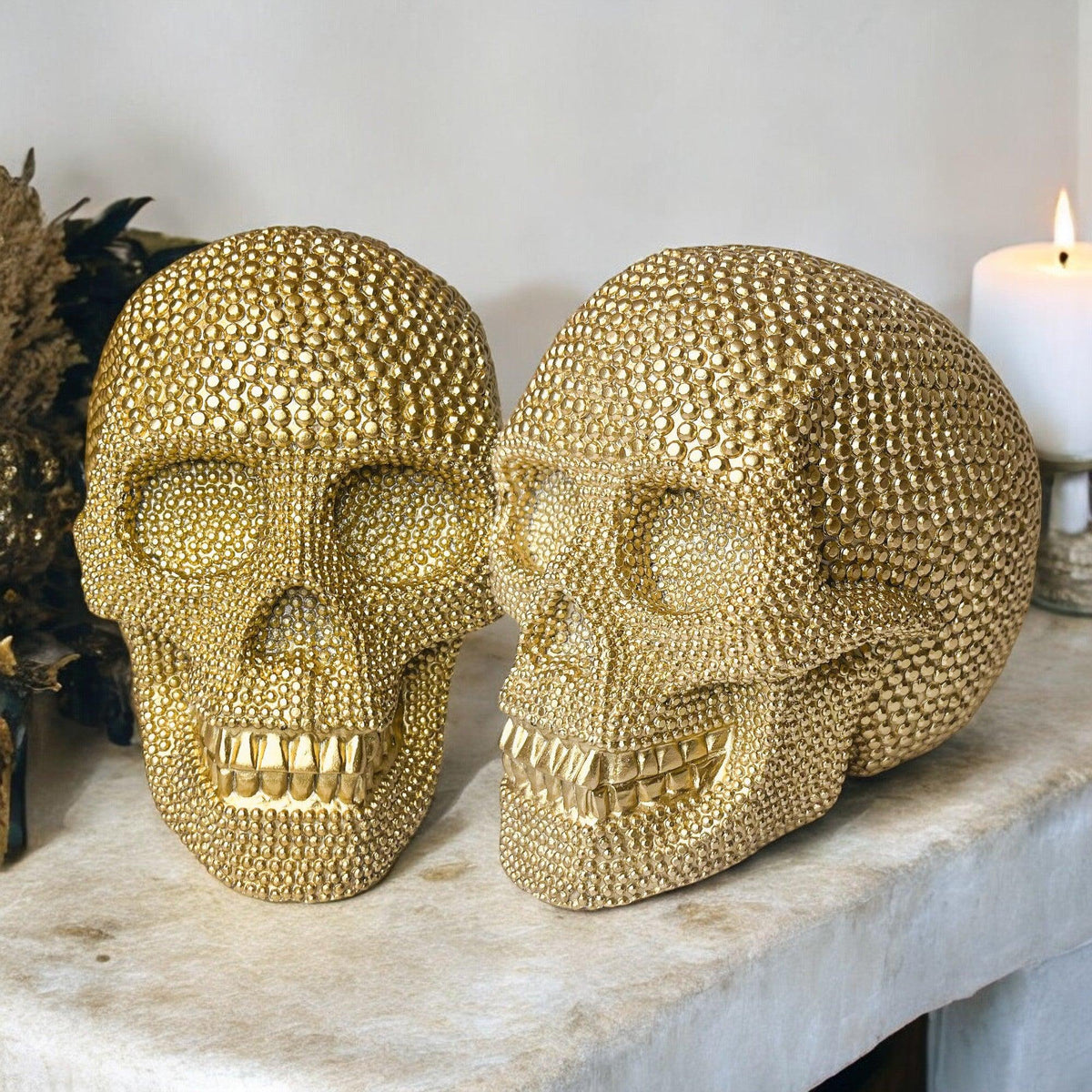 Resin Beaded Skull Decor Silver Skeleton Head Handmade Rustic Bookend Centerpiece Halloween