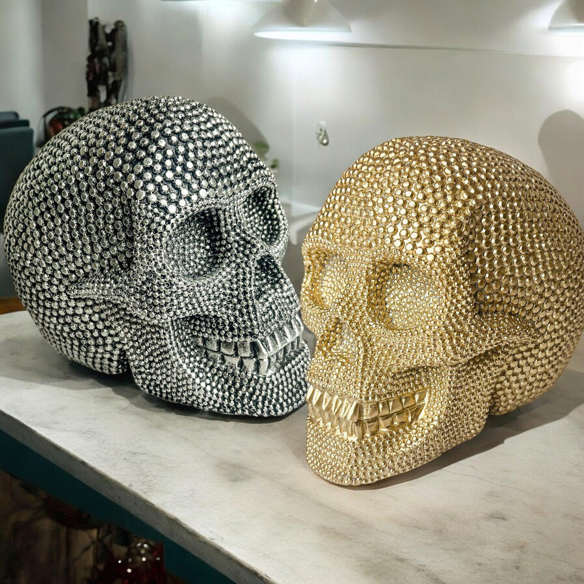 Resin Beaded Skull Decor Silver Skeleton Head Handmade Rustic Bookend Centerpiece Halloween