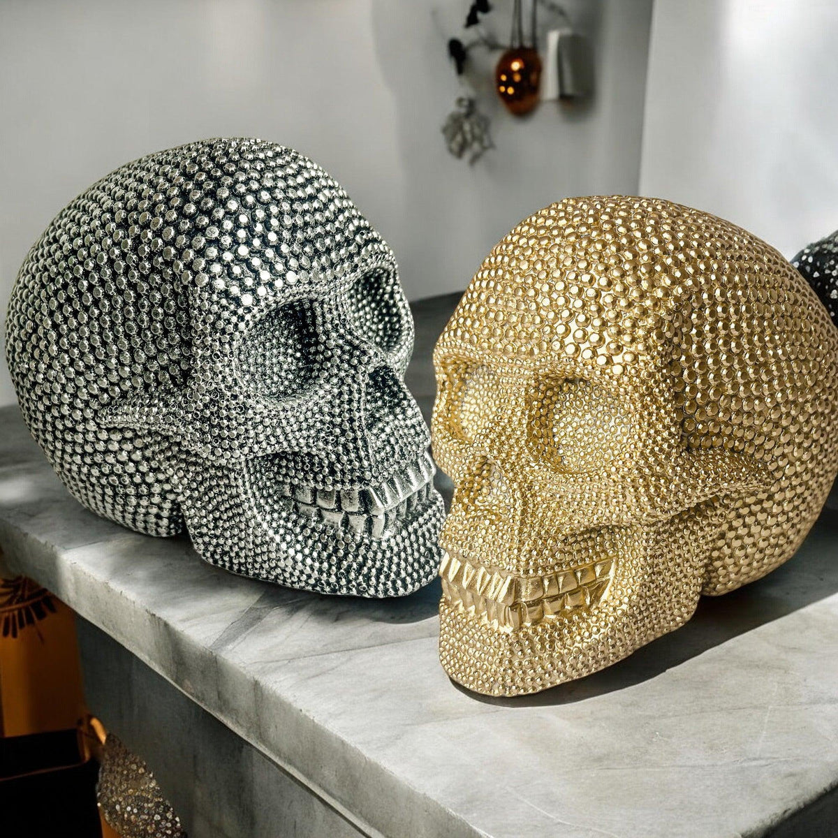 Resin Beaded Skull Decor Silver Skeleton Head Handmade Rustic Bookend Centerpiece Halloween