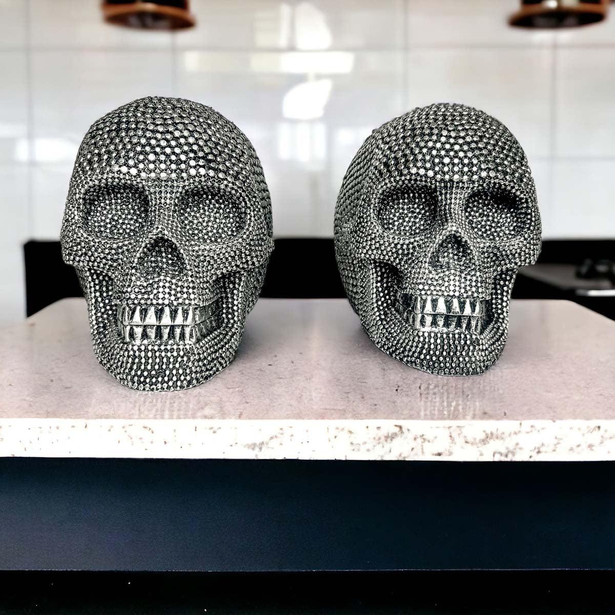 Resin Beaded Skull Decor Silver Skeleton Head Handmade Rustic Bookend Centerpiece Halloween
