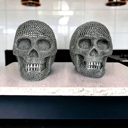Resin Beaded Skull Decor Silver Skeleton Head Handmade Rustic Bookend Centerpiece Halloween