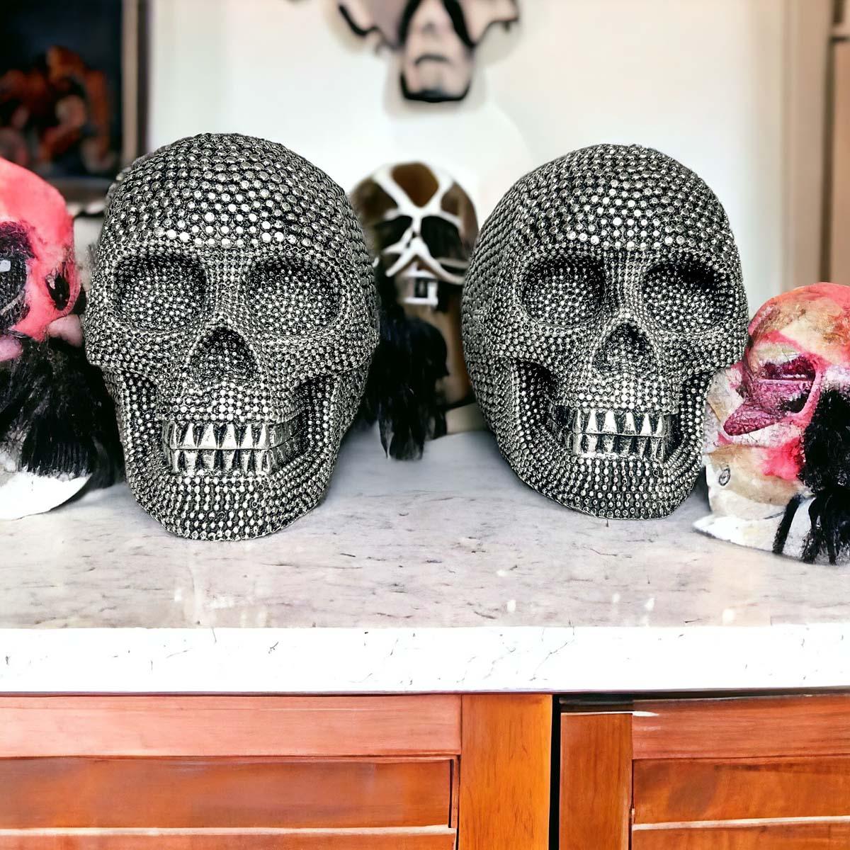 Resin Beaded Skull Decor Silver Skeleton Head Handmade Rustic Bookend Centerpiece Halloween