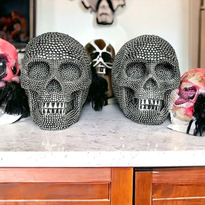 Resin Beaded Skull Decor Silver Skeleton Head Handmade Rustic Bookend Centerpiece Halloween
