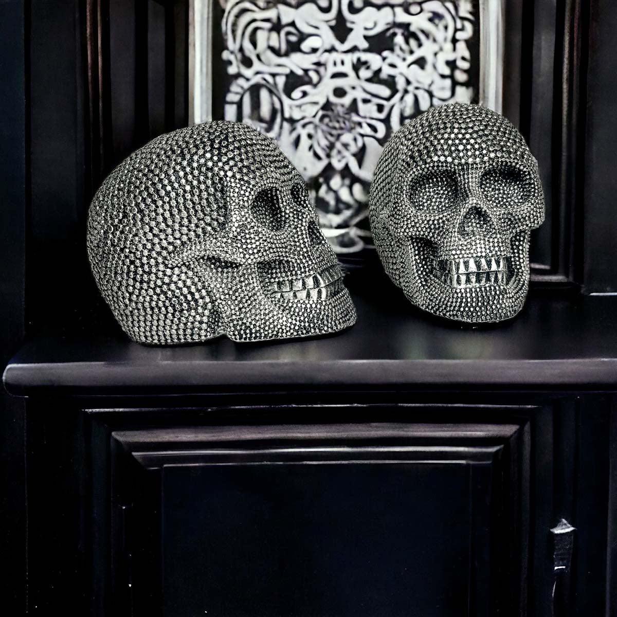 Resin Beaded Skull Decor Silver Skeleton Head Handmade Rustic Bookend Centerpiece Halloween