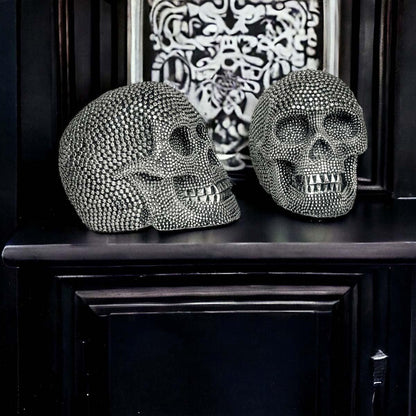 Resin Beaded Skull Decor Silver Skeleton Head Handmade Rustic Bookend Centerpiece Halloween