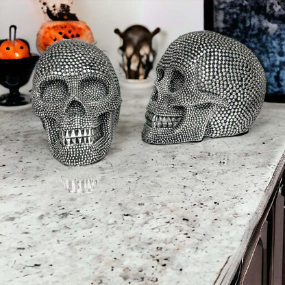 Resin Beaded Skull Decor Silver Skeleton Head Handmade Rustic Bookend Centerpiece Halloween