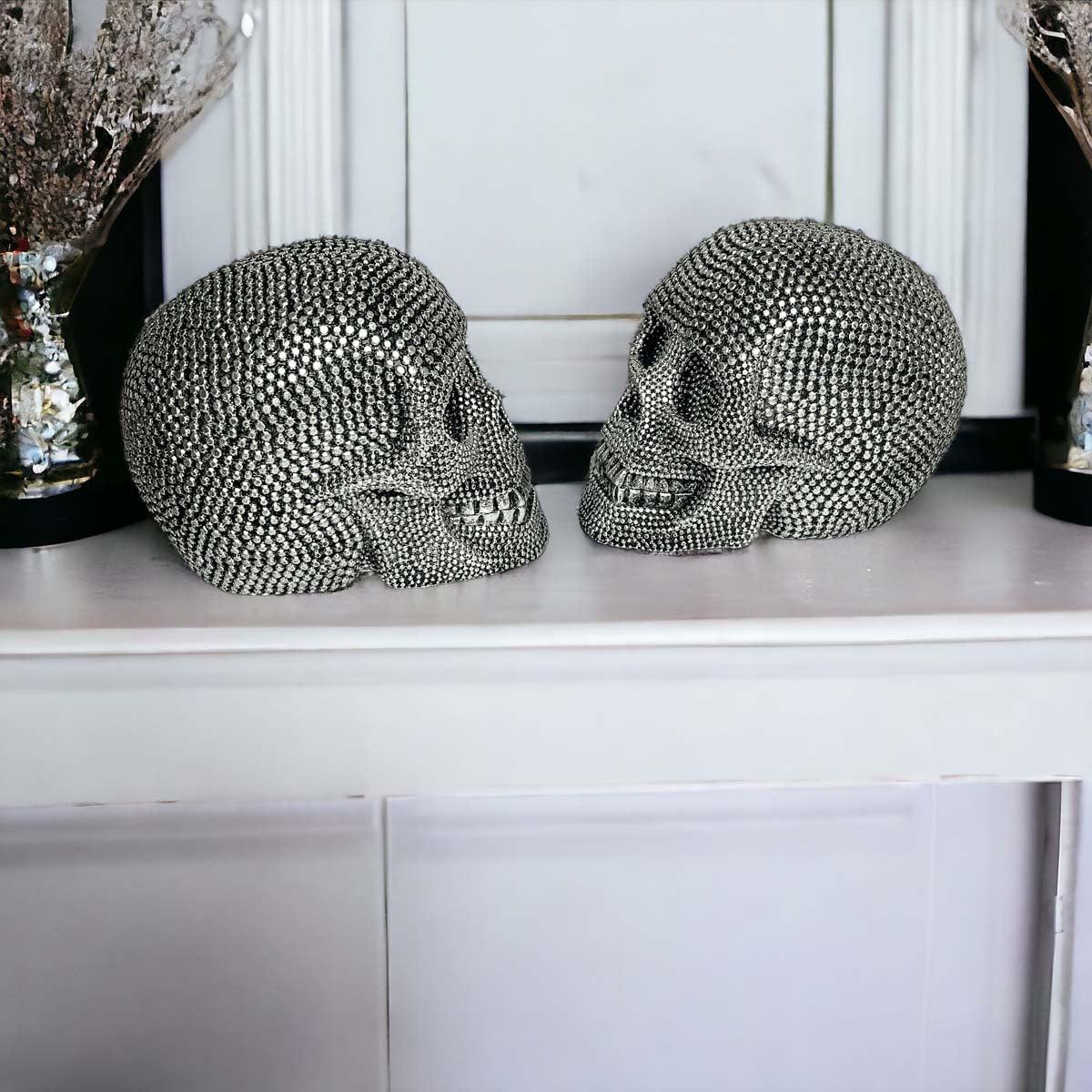Resin Beaded Skull Decor Silver Skeleton Head Handmade Rustic Bookend Centerpiece Halloween
