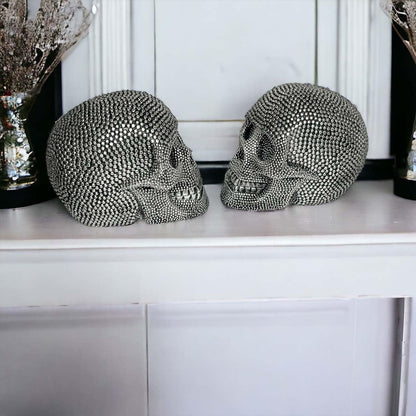 Resin Beaded Skull Decor Silver Skeleton Head Handmade Rustic Bookend Centerpiece Halloween