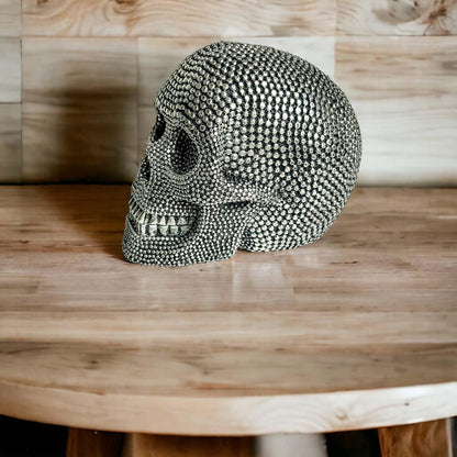 Resin Beaded Skull Decor Silver Skeleton Head Handmade Rustic Bookend Centerpiece Halloween