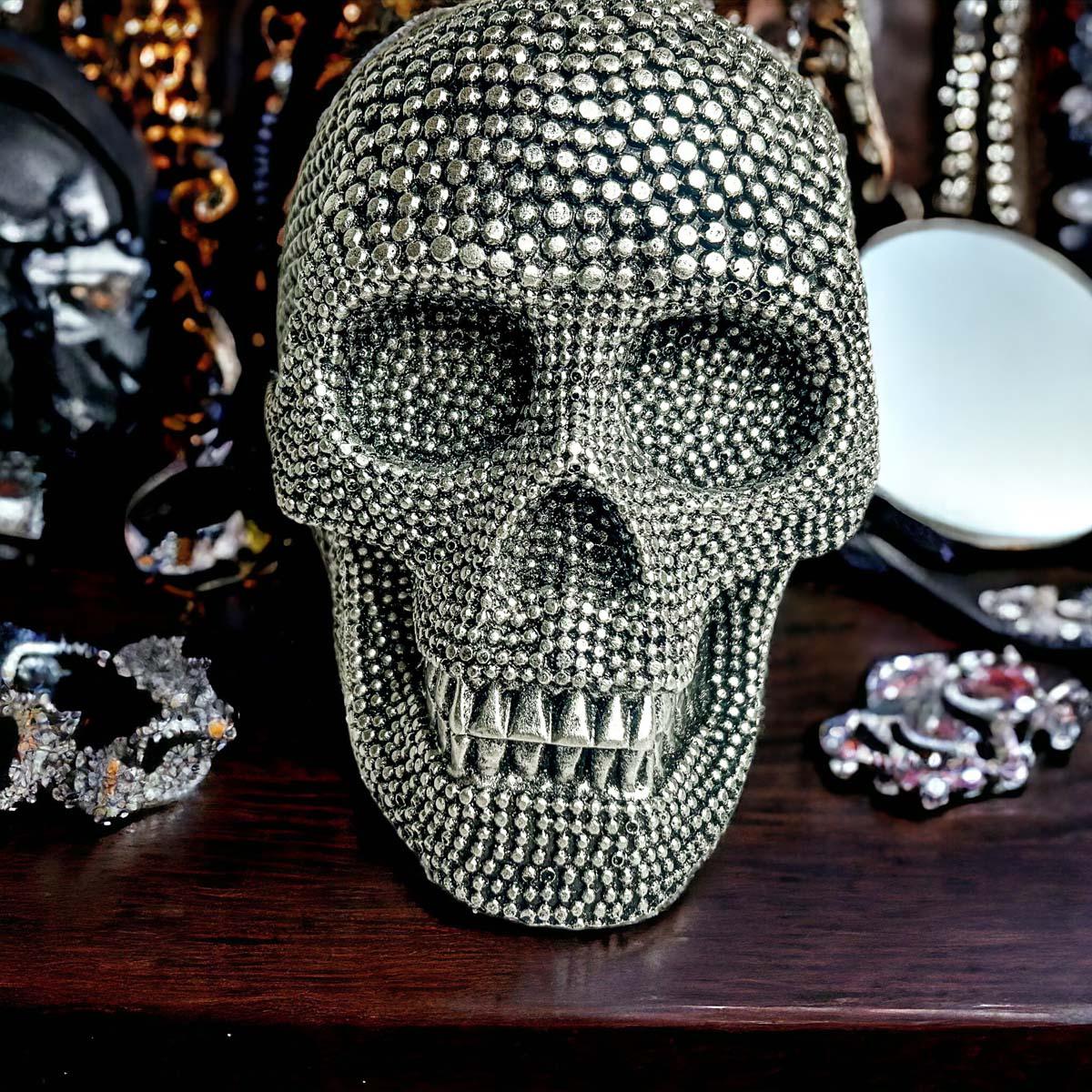 Resin Beaded Skull Decor Silver Skeleton Head Handmade Rustic Bookend Centerpiece Halloween