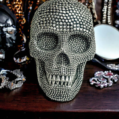 Resin Beaded Skull Decor Silver Skeleton Head Handmade Rustic Bookend Centerpiece Halloween