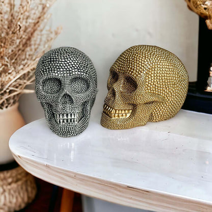 Resin Beaded Skull Decor Silver Skeleton Head Handmade Rustic Bookend Centerpiece Halloween