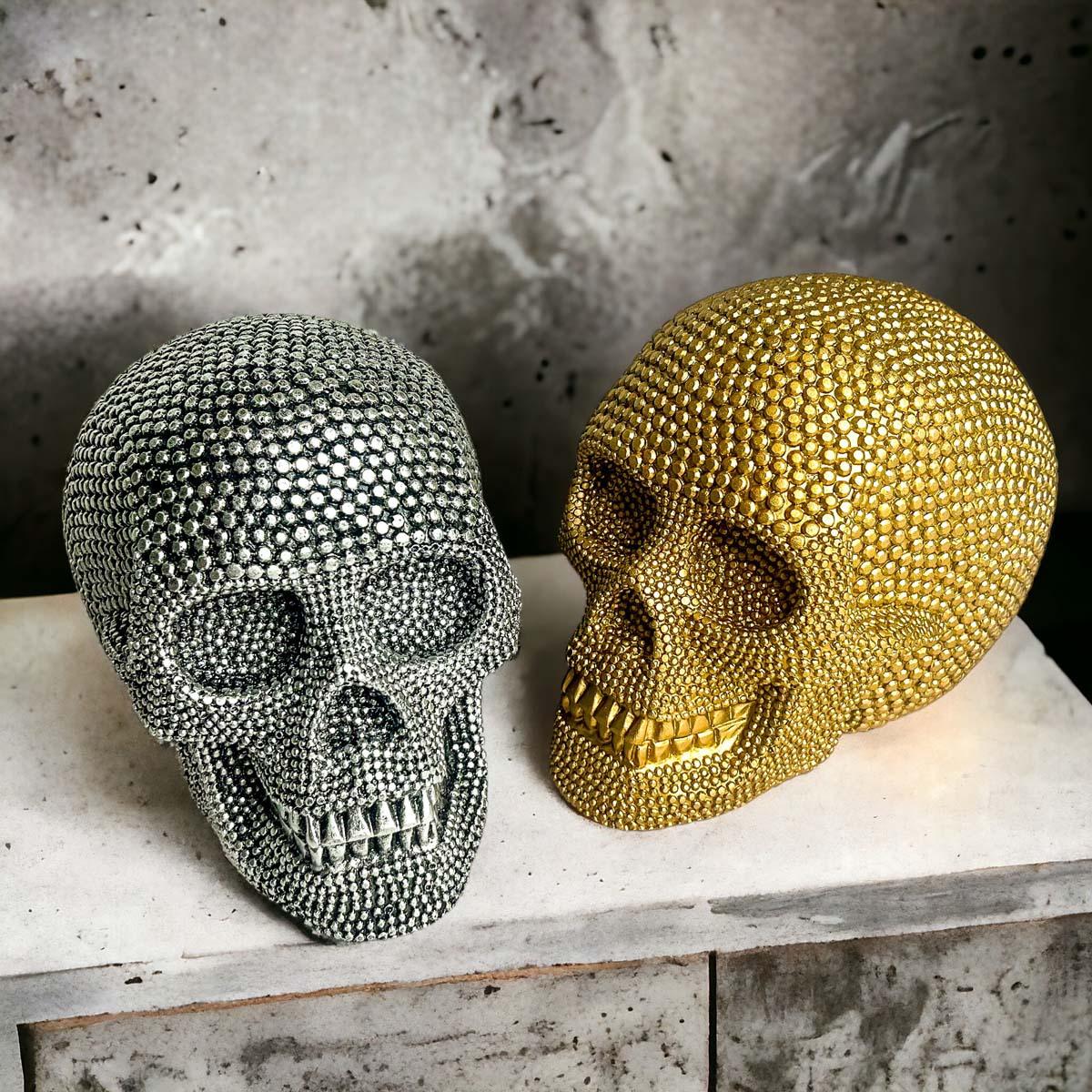 Resin Beaded Skull Decor Silver Skeleton Head Handmade Rustic Bookend Centerpiece Halloween