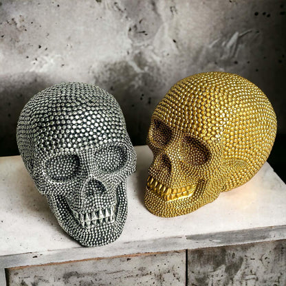 Resin Beaded Skull Decor Silver Skeleton Head Handmade Rustic Bookend Centerpiece Halloween
