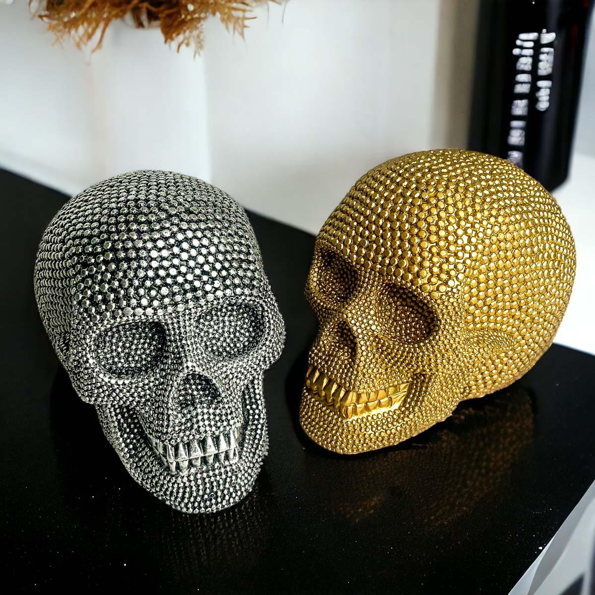 Resin Beaded Skull Decor Silver Skeleton Head Handmade Rustic Bookend Centerpiece Halloween