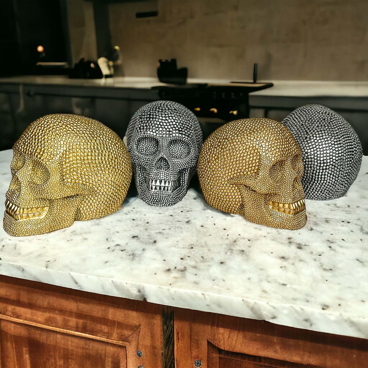 Resin Beaded Skull Decor Silver Skeleton Head Handmade Rustic Bookend Centerpiece Halloween