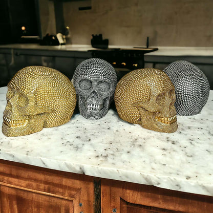 Resin Beaded Skull Decor Silver Skeleton Head Handmade Rustic Bookend Centerpiece Halloween