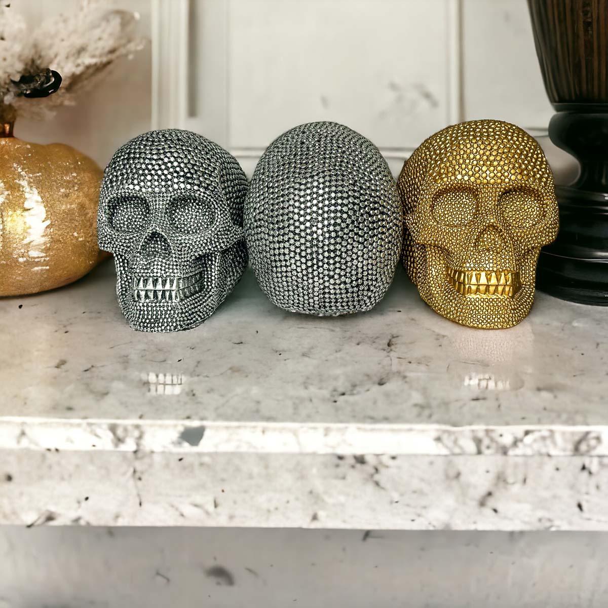 Resin Beaded Skull Decor Silver Skeleton Head Handmade Rustic Bookend Centerpiece Halloween