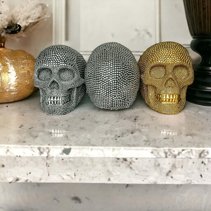 Resin Beaded Skull Decor Silver Skeleton Head Handmade Rustic Bookend Centerpiece Halloween