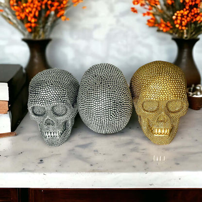 Resin Beaded Skull Decor Silver Skeleton Head Handmade Rustic Bookend Centerpiece Halloween